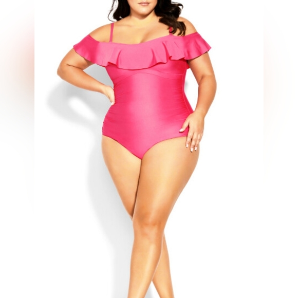 City Chic Pink Ruffle Off-Shoulder One Piece Swimsuit - Picture 1 of 6